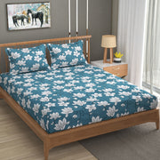 (BOGO) Blue Floral Color Elastic Fitted Super King Size Double Bed Bedsheet with 2 Pillow Covers