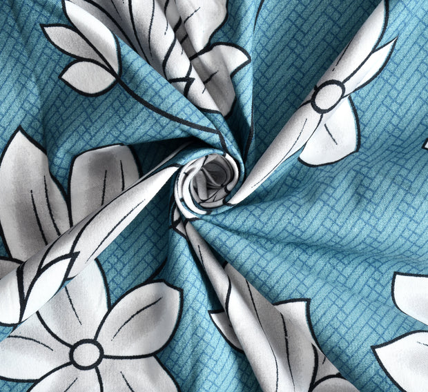 (BOGO) Blue Floral Color Elastic Fitted Super King Size Double Bed Bedsheet with 2 Pillow Covers