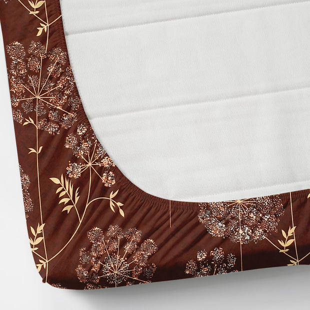 (BOGO) Brown Floral Cotton Elastic Fitted King Size Double Bed Bedsheet with 2 Pillow Covers