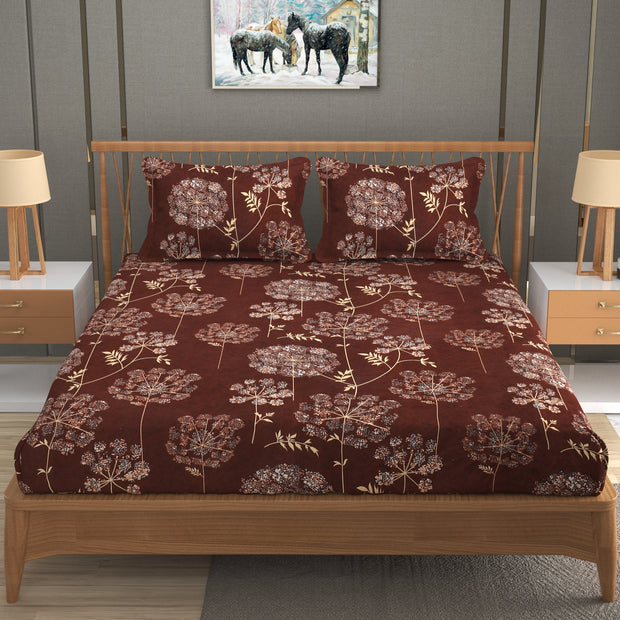 (BOGO) Brown Floral Cotton Elastic Fitted King Size Double Bed Bedsheet with 2 Pillow Covers