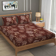(BOGO) Brown Floral Cotton Elastic Fitted King Size Double Bed Bedsheet with 2 Pillow Covers