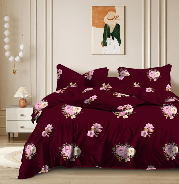 ( BOGO ) Maroon Love Cotton Elastic Fitted King Size Double Bed Bedsheet with 2 Pillow Covers