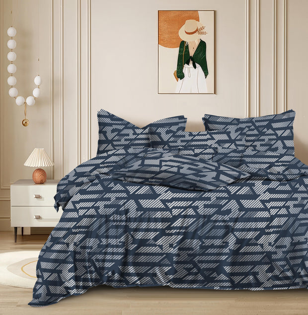 ( BOGO ) Aesthetic Blue Cotton Elastic Fitted King Size Double Bed Bedsheet with 2 Pillow Covers